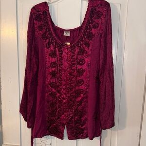 Advance Apparels Women’s Fuchsia 1X-2X Embroidered Blouse 3D Dark Romantic Boho